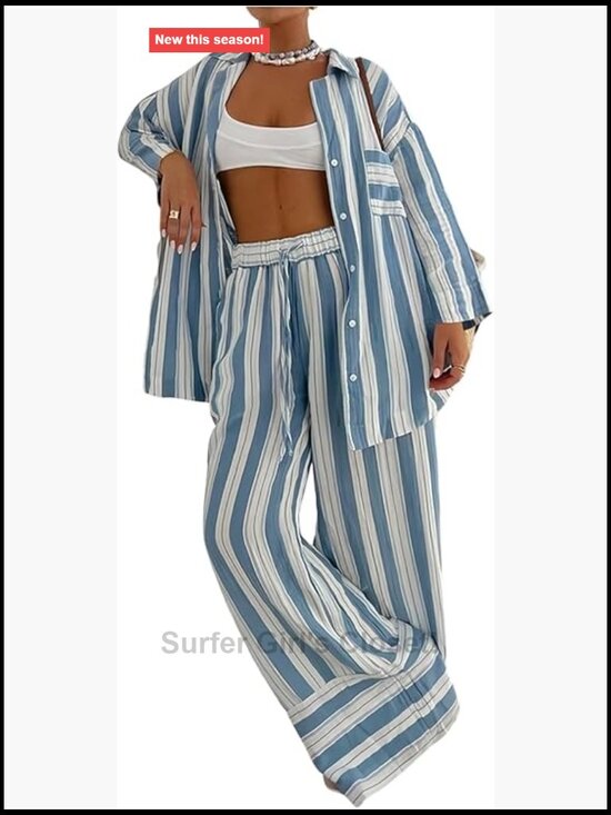 Pants - Striped Two Piece Pant Set Long Sleeve Button Down Blouse and Drawstring Waist